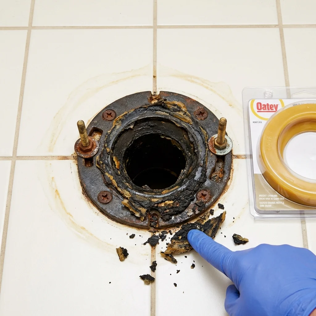Failed wax ring showing water seepage at the base of a toilet in a Stanton, ND home