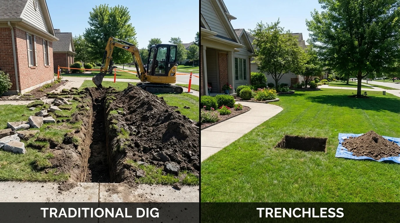 Trenchless sewer repair with minimal yard damage versus traditional excavation in Stanton, ND