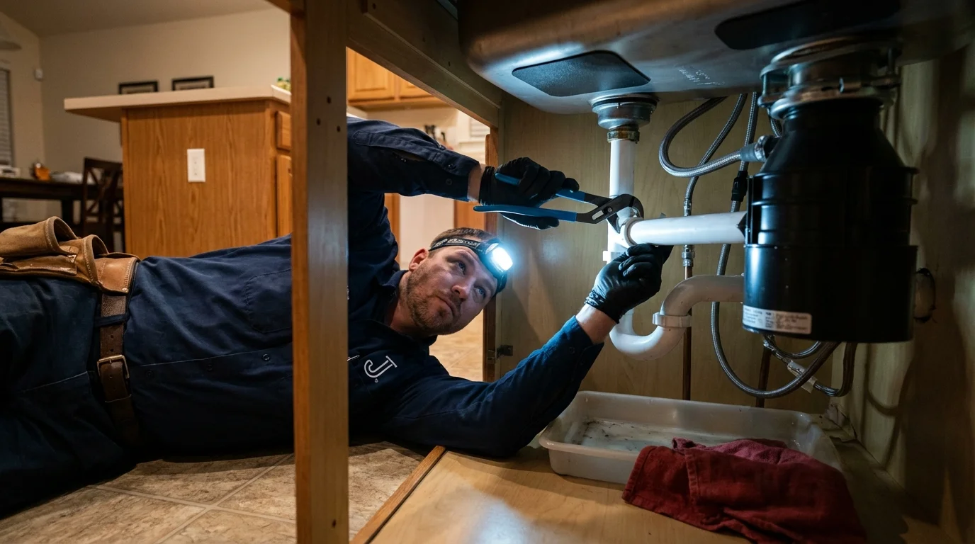 P-trap and supply line connections under a kitchen sink showing a common leak point in Stanton, ND